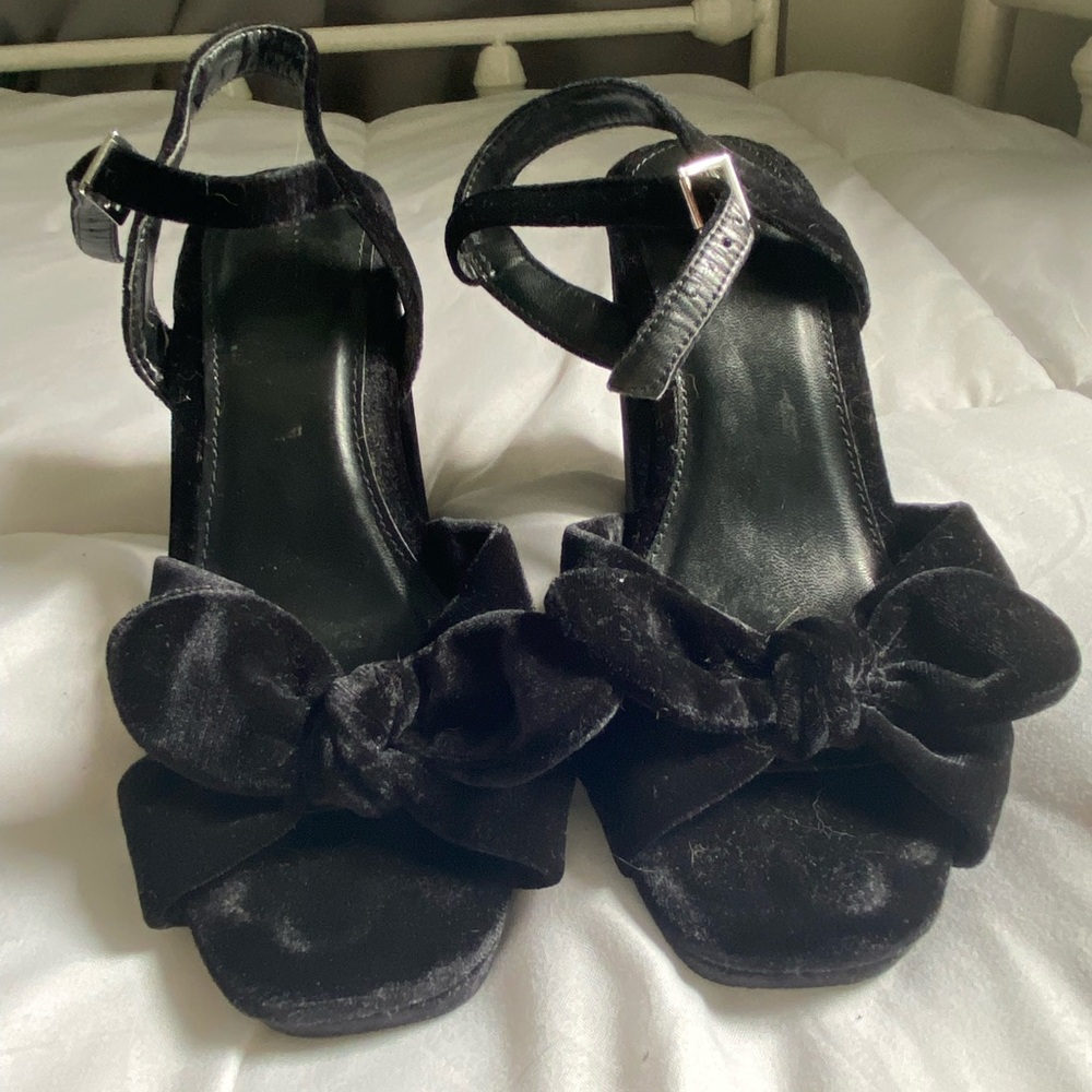 Velvet bow block heels